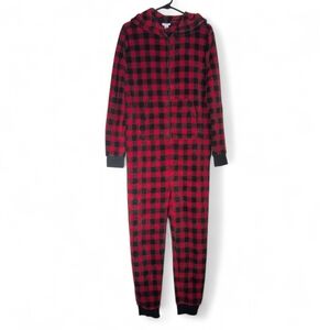 Forever 21 Red and Black Fleece Plaid Pajama Jumpsuit M